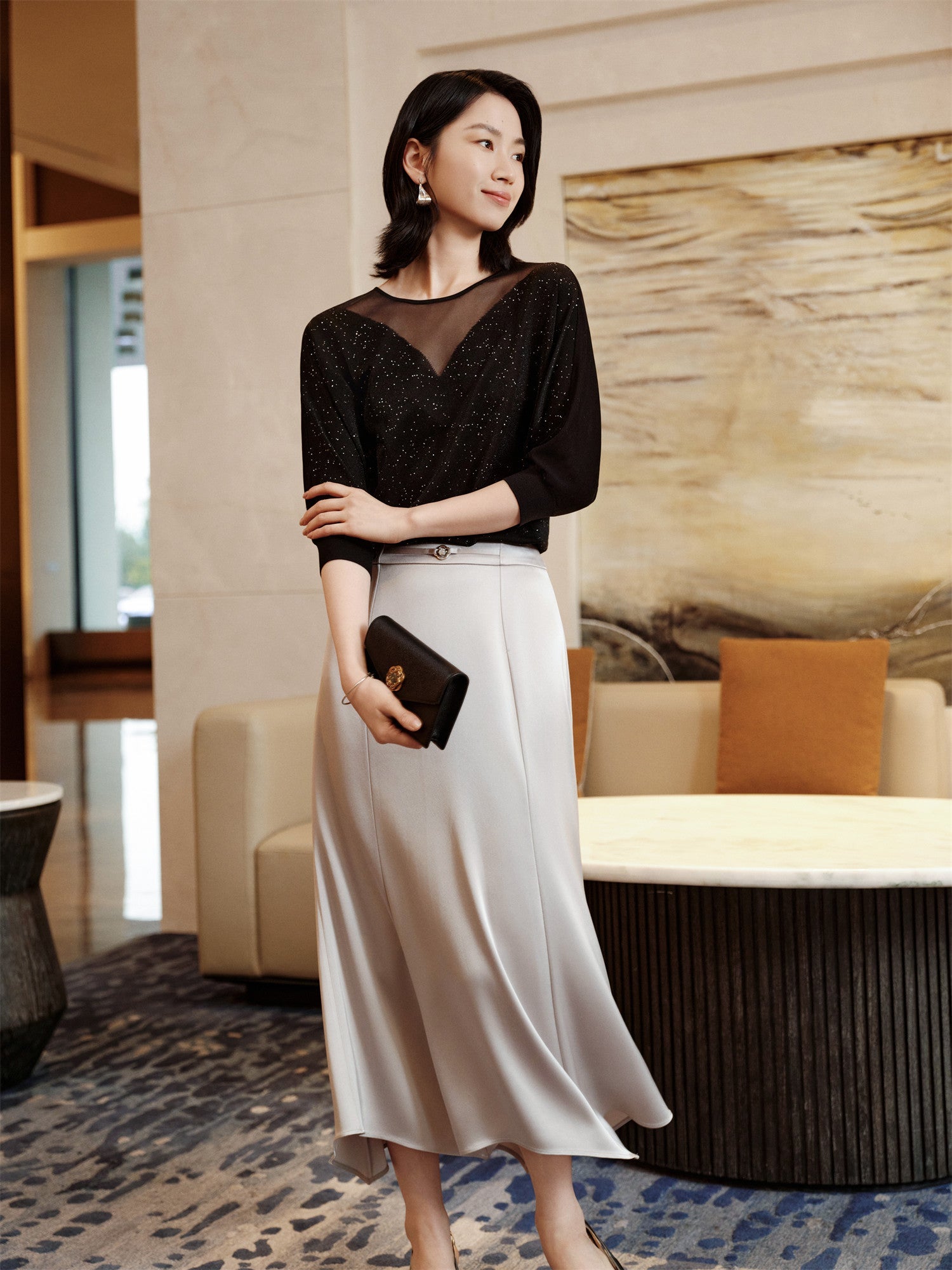 Mulberry Silk Raglan Sleeve Starry Sky Blouse | Black