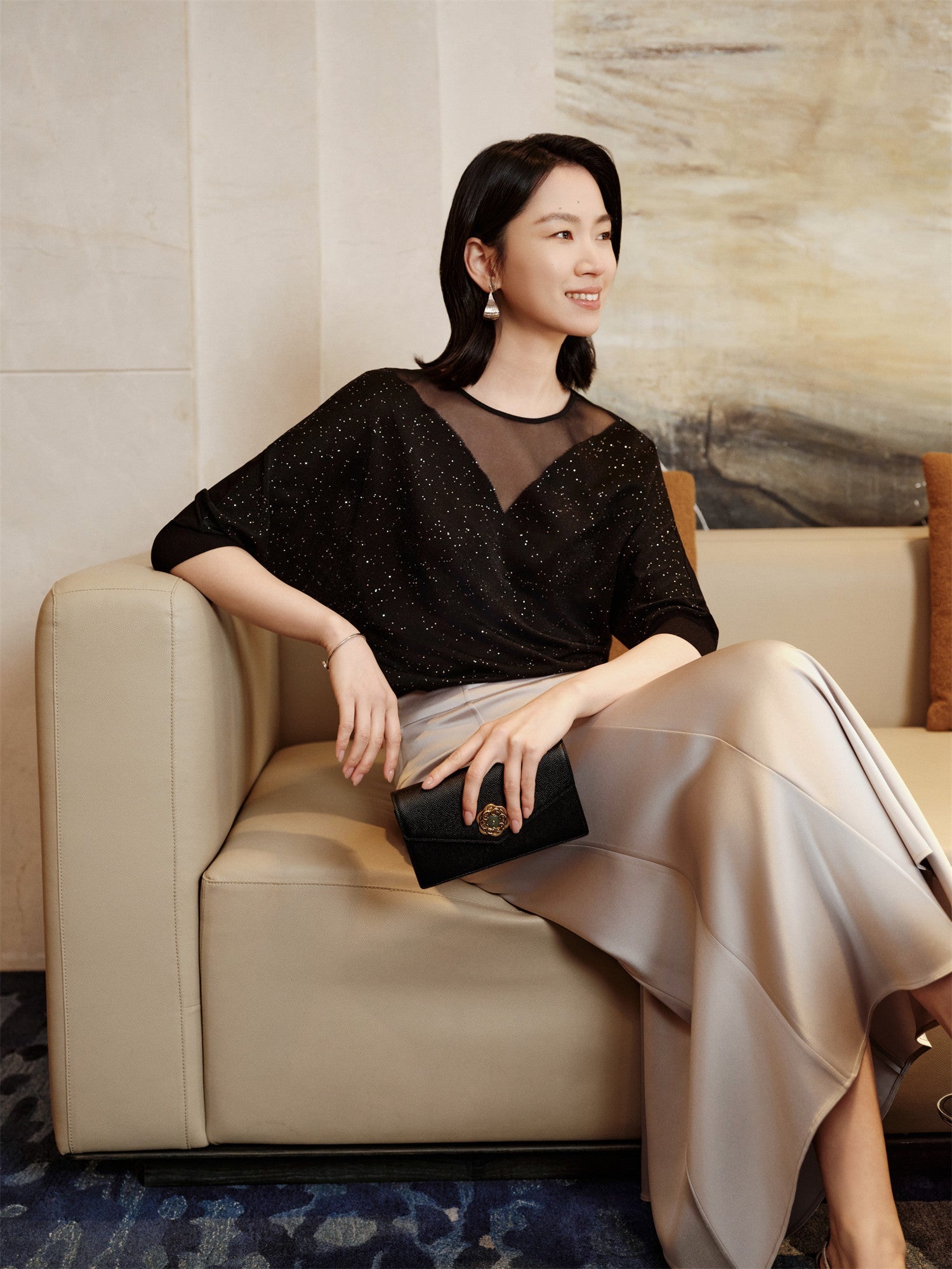 Mulberry Silk Raglan Sleeve Starry Sky Blouse | Black