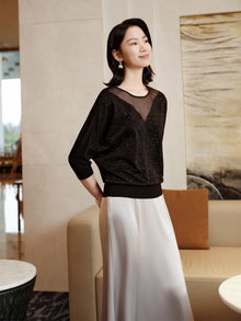 Mulberry Silk Raglan Sleeve Starry Sky Blouse | Black