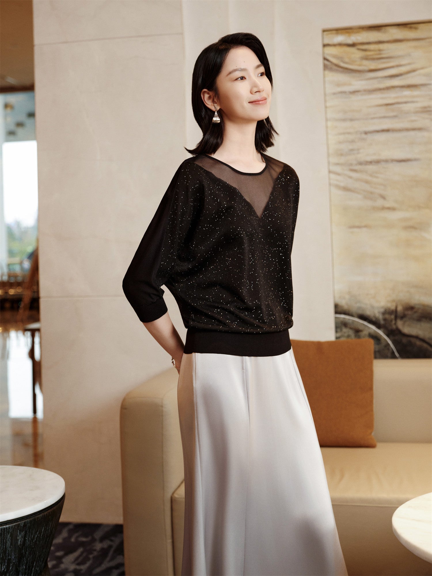 Mulberry Silk Raglan Sleeve Starry Sky Blouse | Black