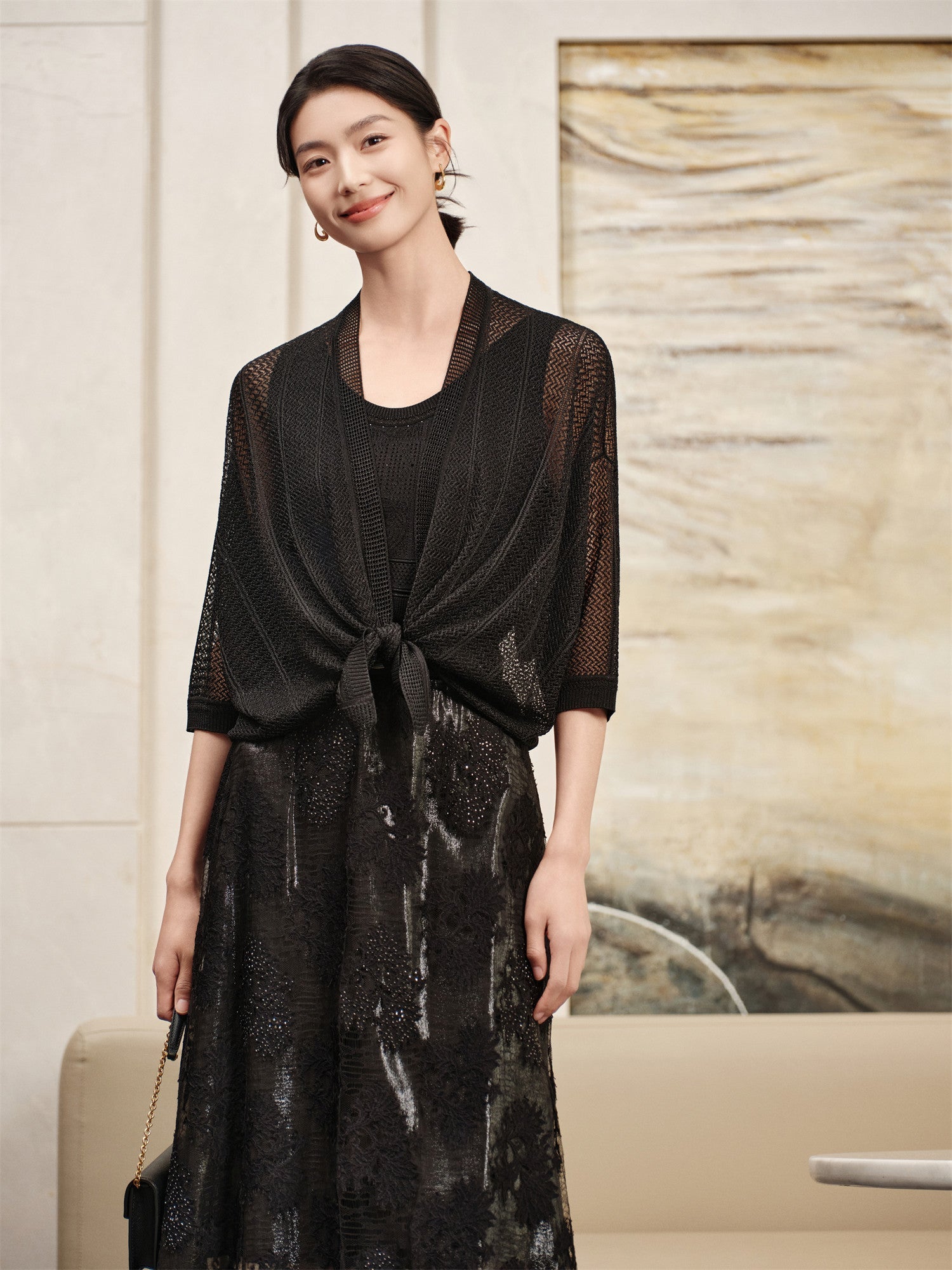 Vertical Geometric Texture Mulberry Silk Knit Cardigan | Black