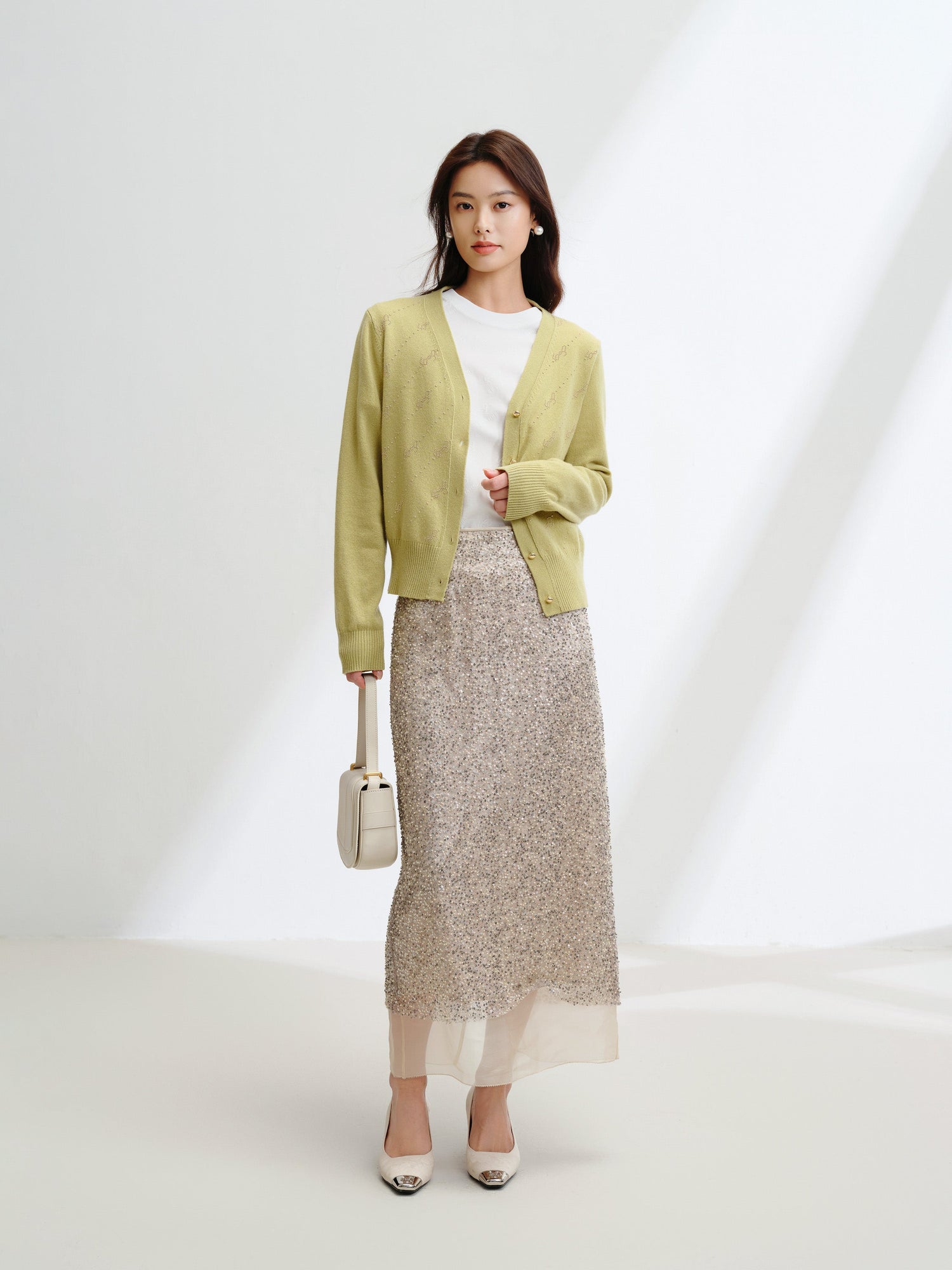 Wool Cashmere V-Neck Sequin Knit Cardigan | Green