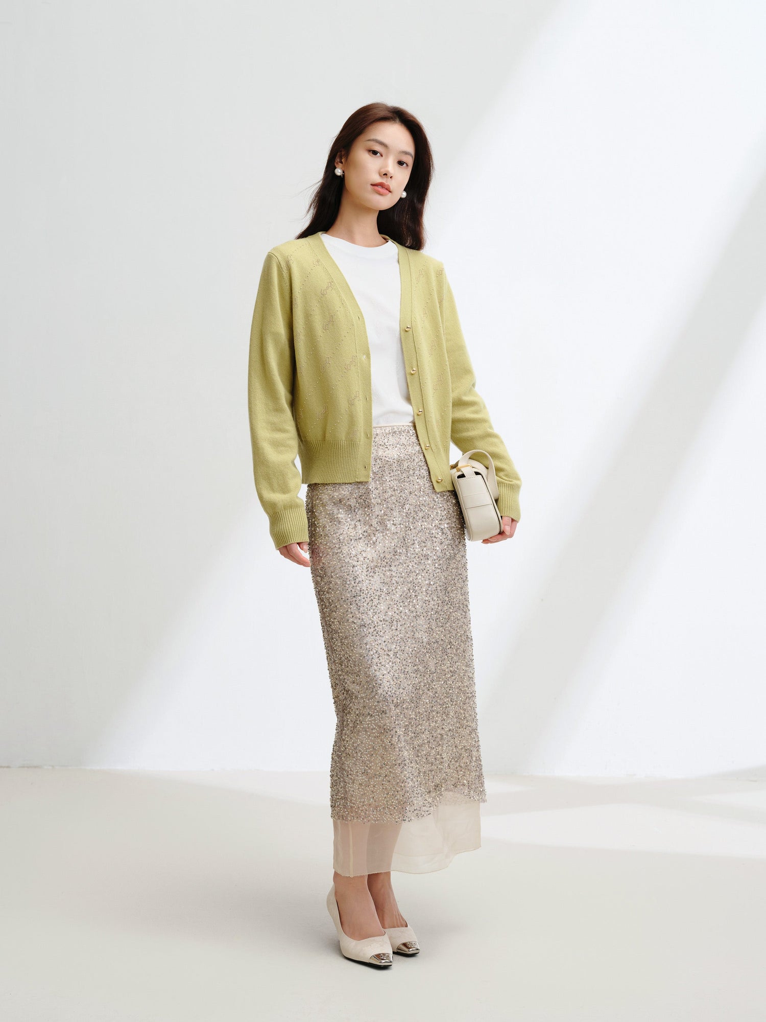 Wool Cashmere V-Neck Sequin Knit Cardigan | Green