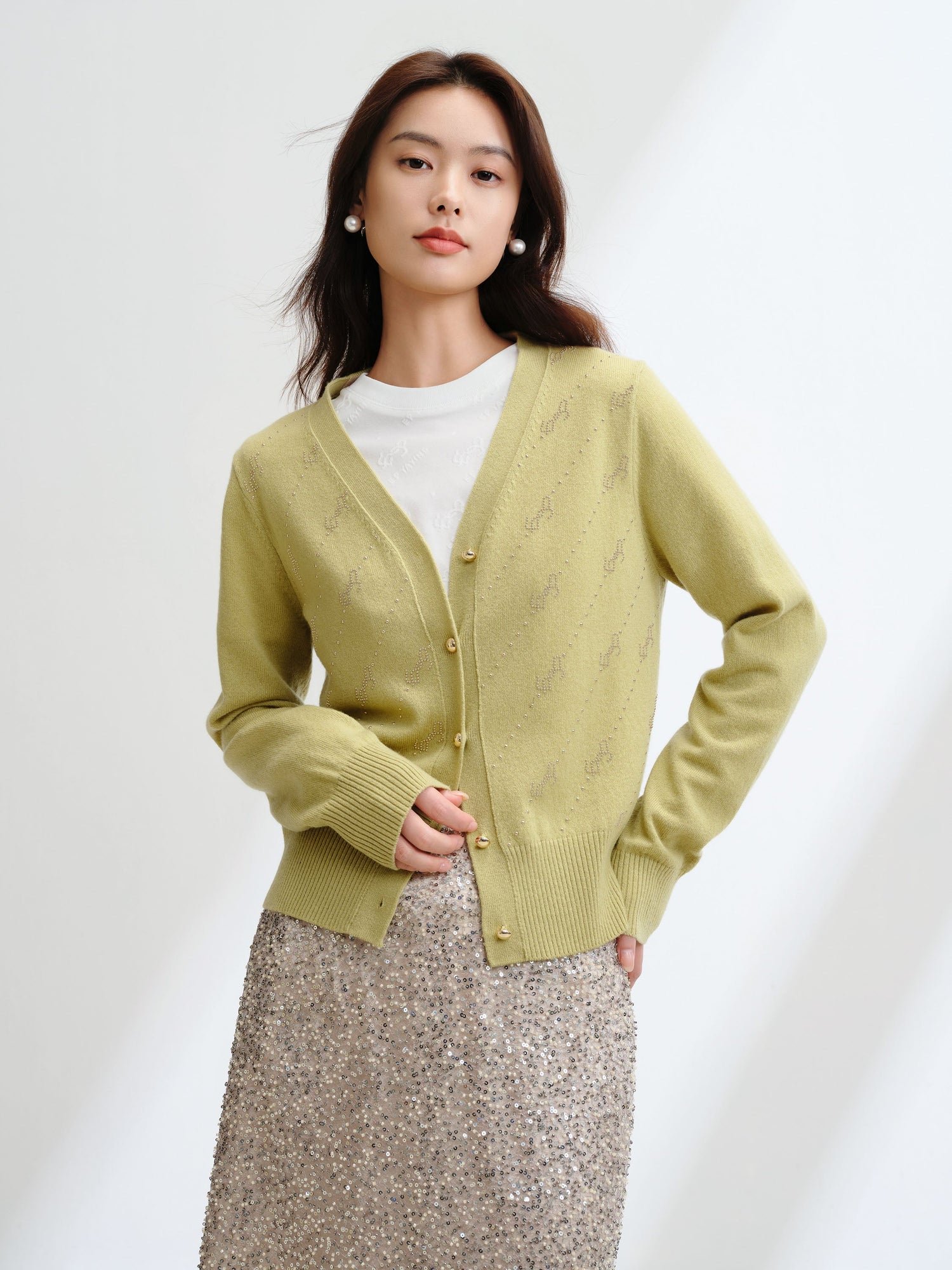 Wool Cashmere V-Neck Sequin Knit Cardigan | Green