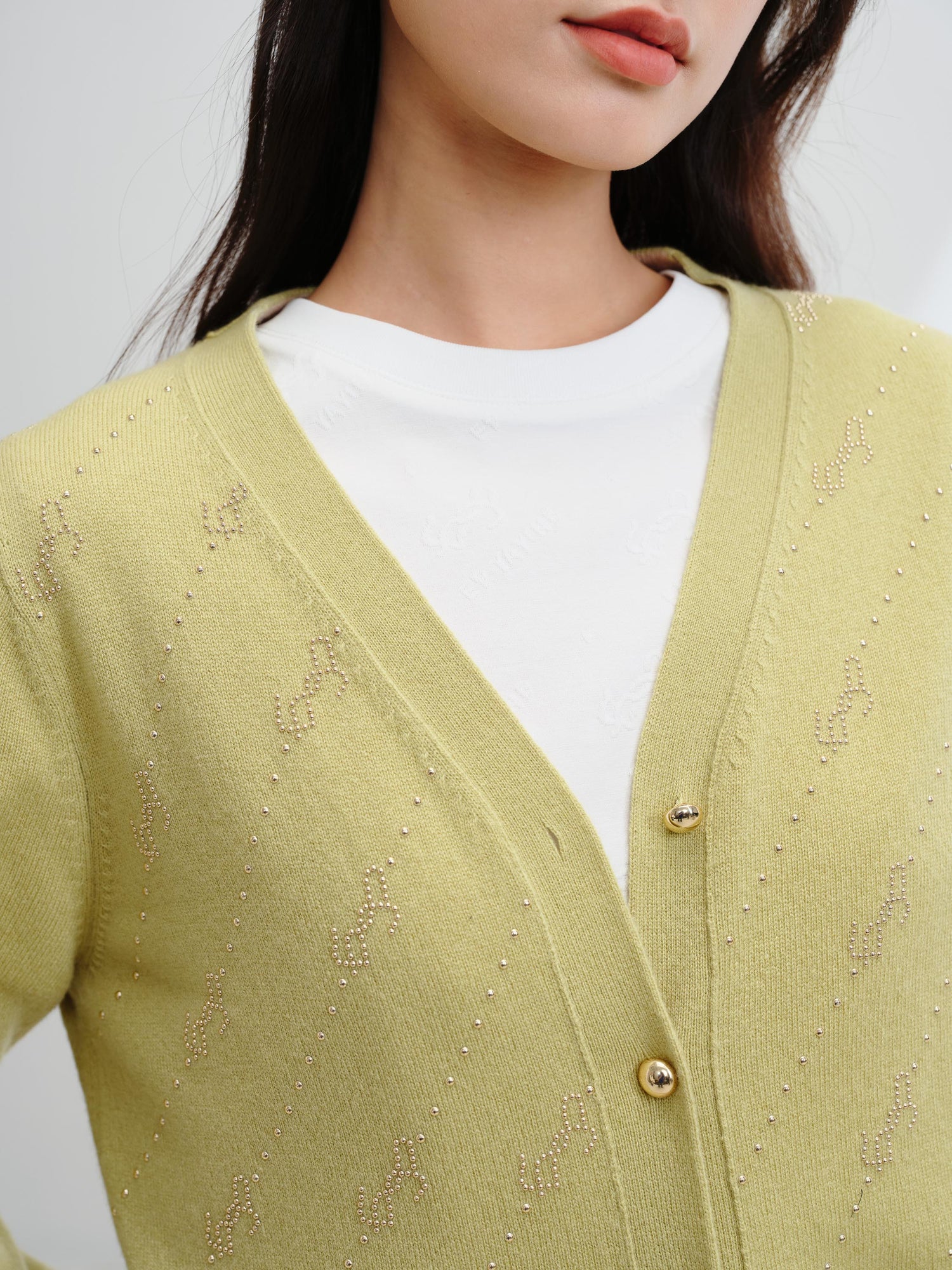 Wool Cashmere V-Neck Sequin Knit Cardigan | Green