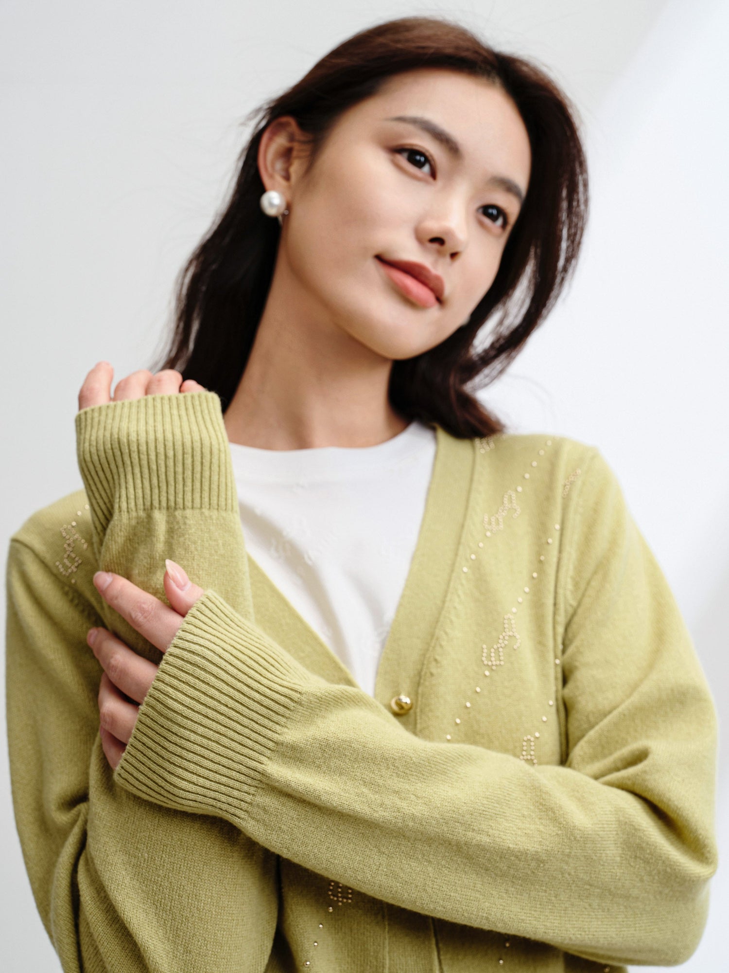 Wool Cashmere V-Neck Sequin Knit Cardigan | Green