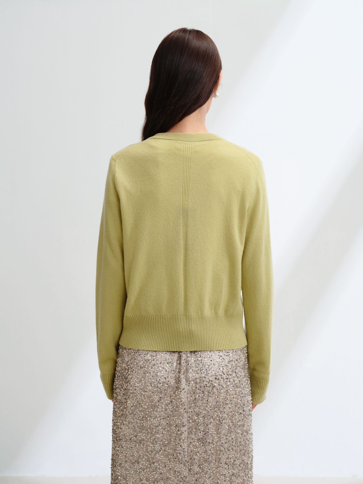 Wool Cashmere V-Neck Sequin Knit Cardigan | Green
