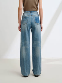 Rhinestone Cotton High-Waist Straight-Leg Jeans | Blue
