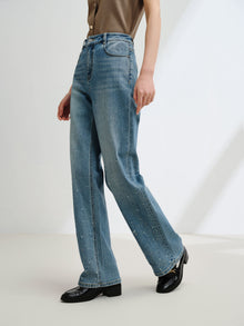 Rhinestone Cotton High-Waist Straight-Leg Jeans | Blue