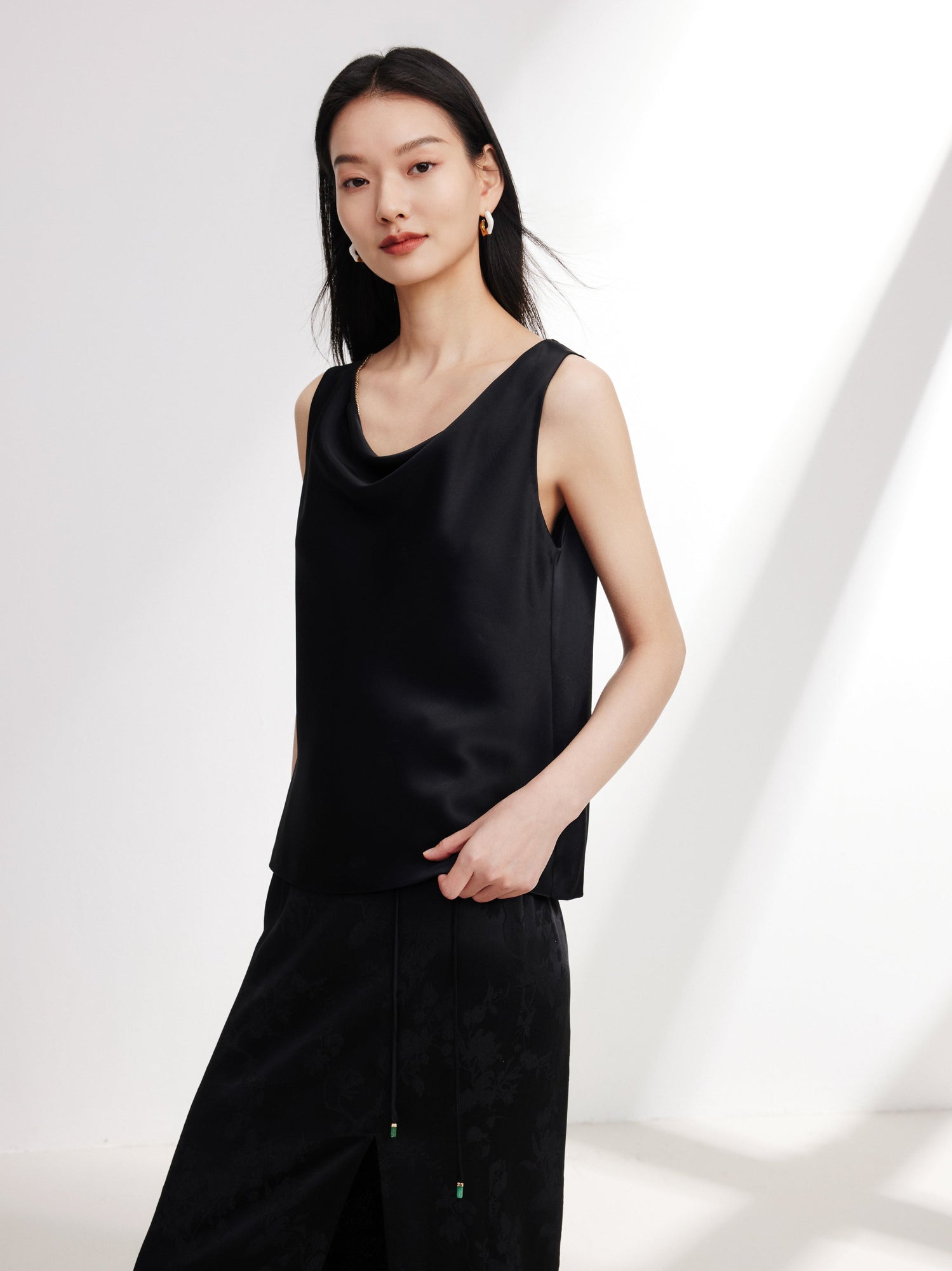 Sleeveless Draped Neck Top | Black