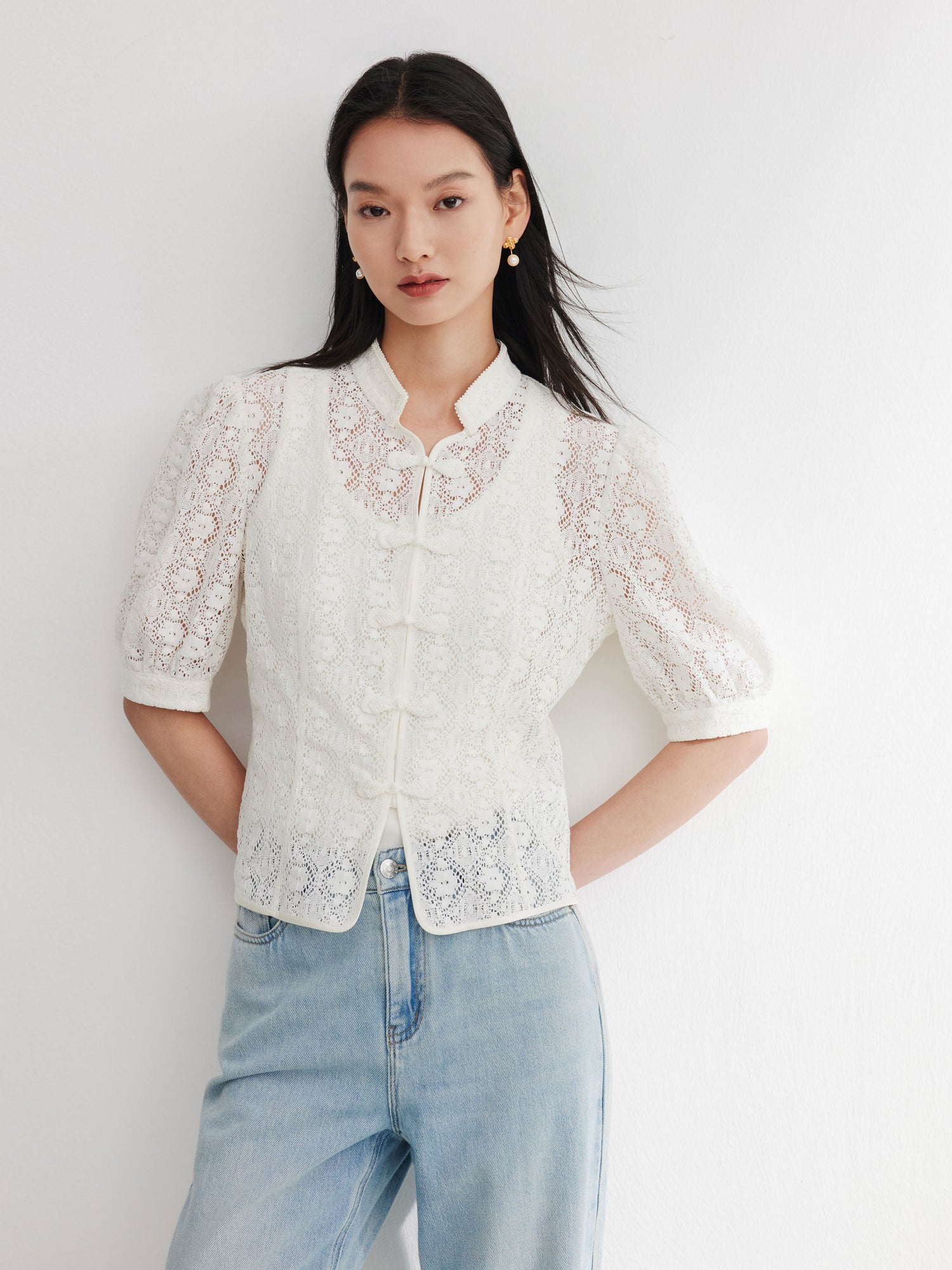 Cotton Lace Openwork Stand Collar Top | White
