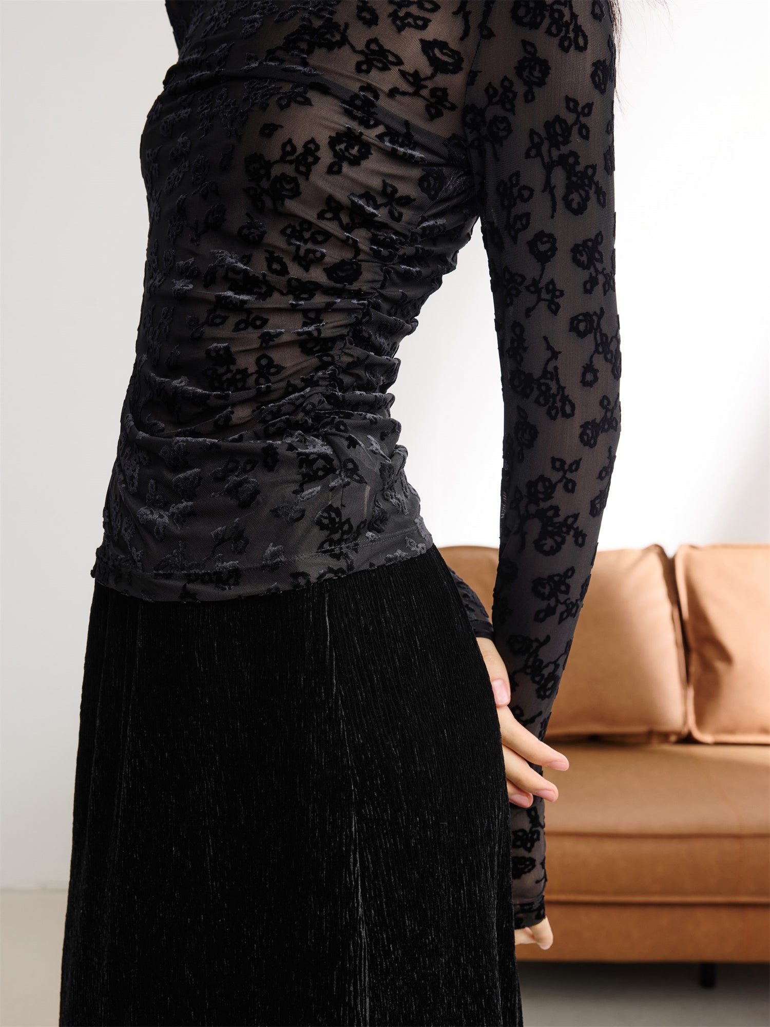 Semi-Sheer Mesh Turtleneck Top | Black