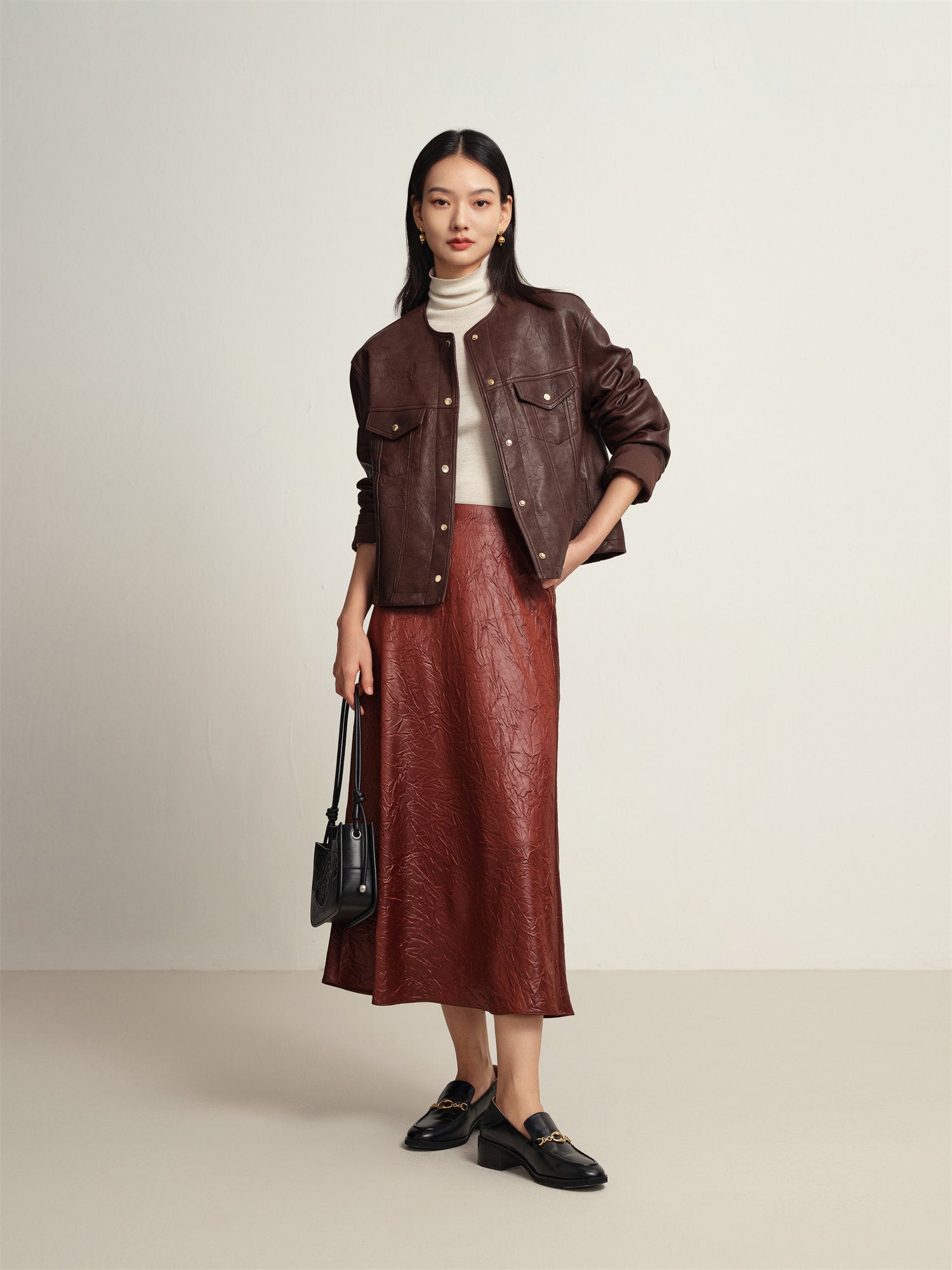 Leather Round Neck Leather Jacket | Brown