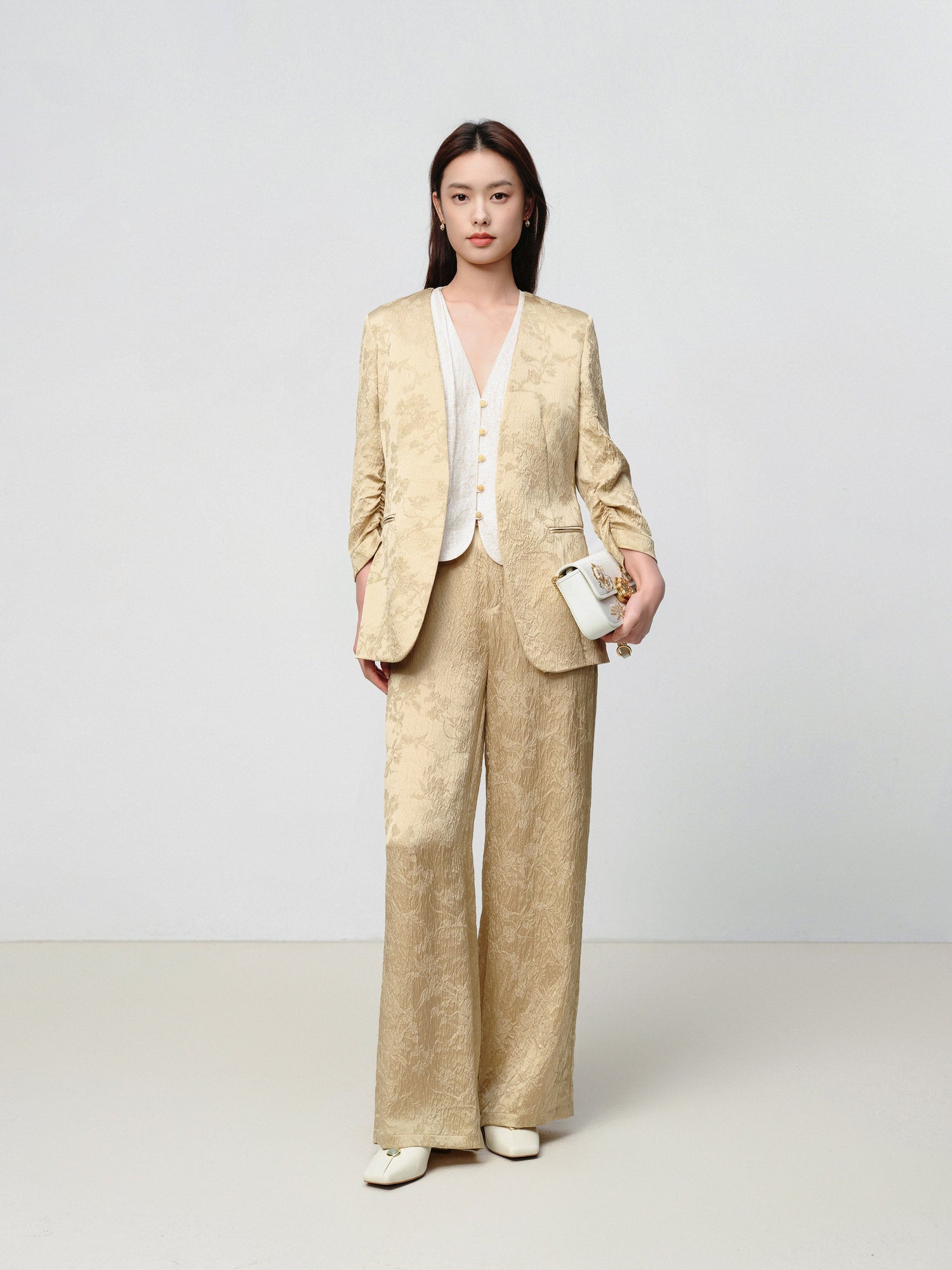 Mulberry Silk Jacquard 3/4 Sleeve Collarless Blazer | Khaki