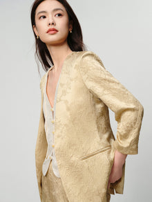 Mulberry Silk Jacquard 3/4 Sleeve Collarless Blazer | Khaki