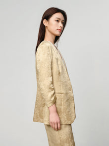 Mulberry Silk Jacquard 3/4 Sleeve Collarless Blazer | Khaki