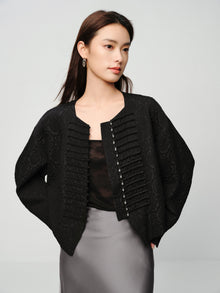 Mulberry Silk Wool Jacquard Frog Button Jacket | Black