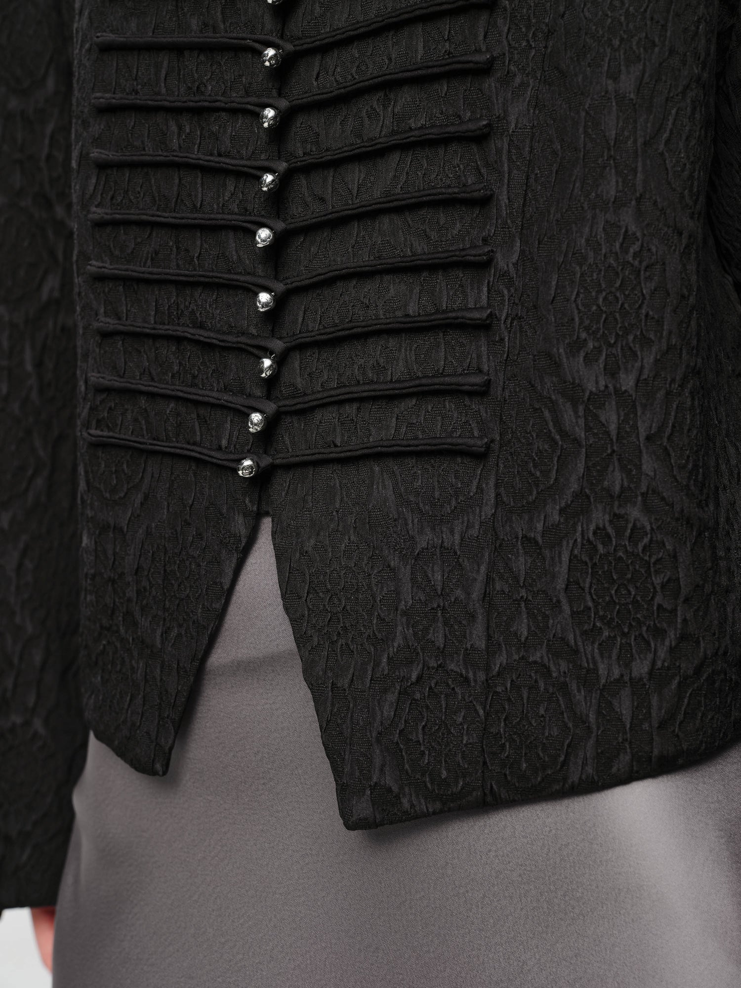 Mulberry Silk Wool Jacquard Frog Button Jacket | Black
