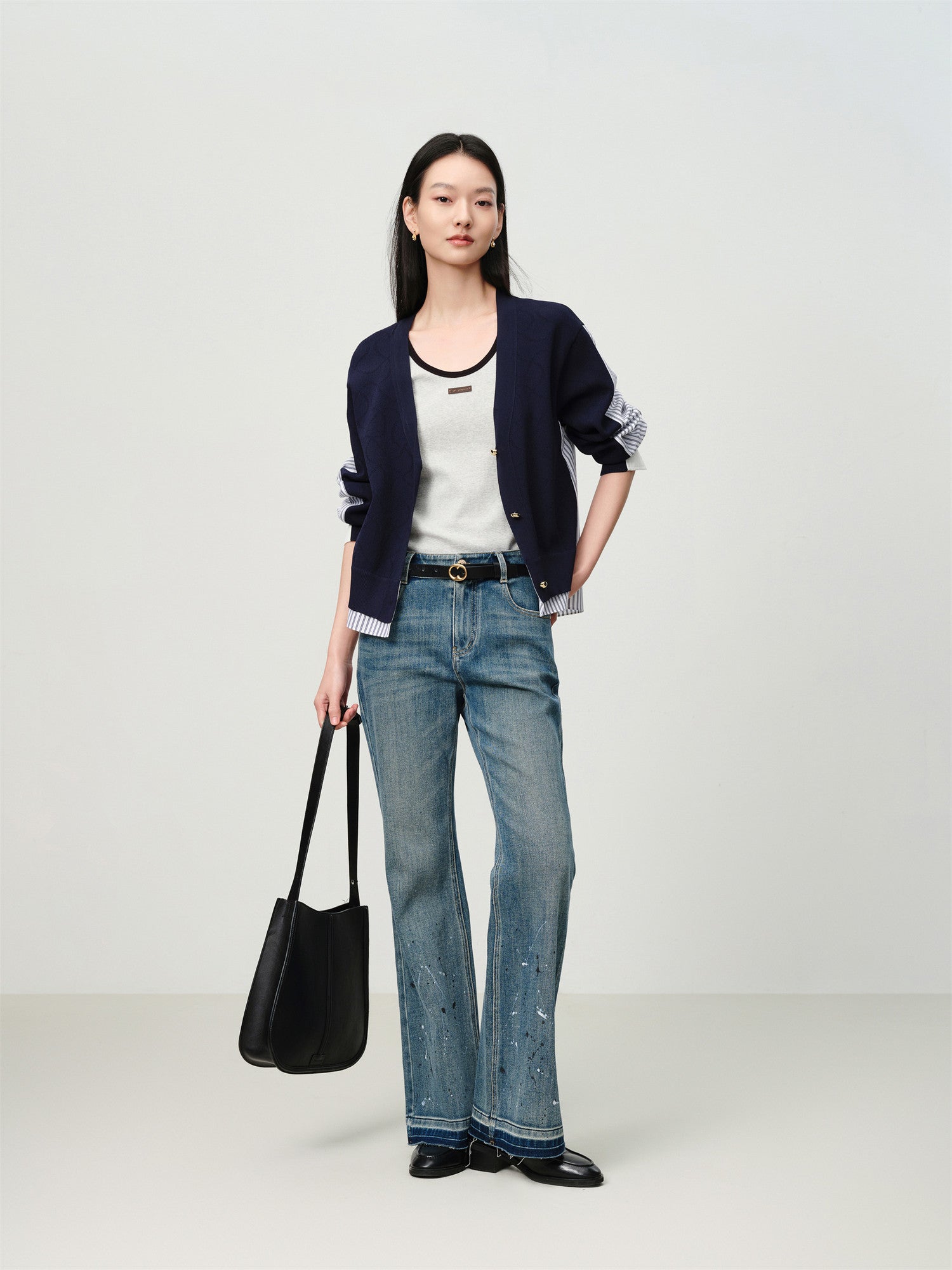 Knitted and Woven Patchwork Top | Navy