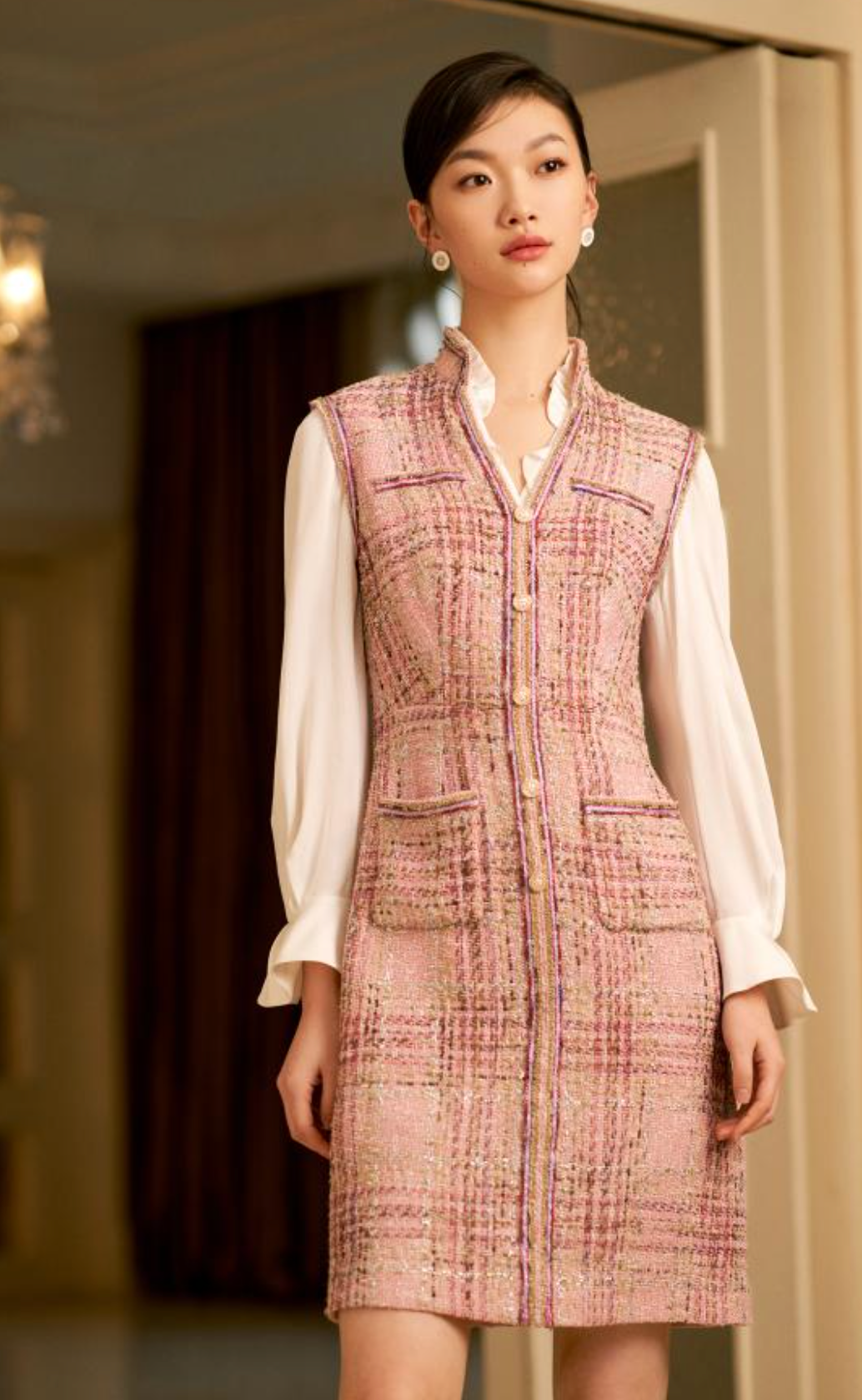 Tweed Sleeveless Dress | Pink