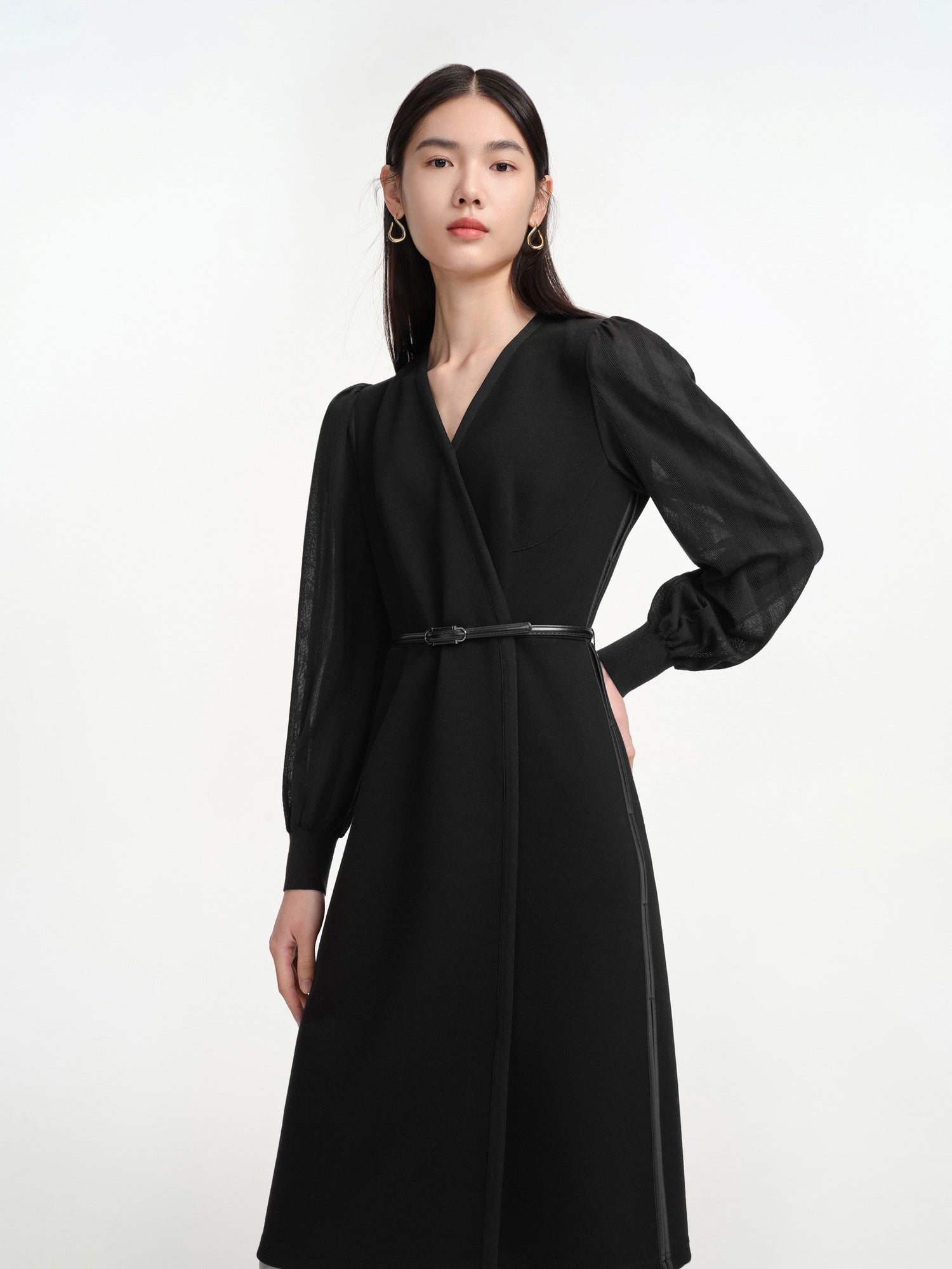 V-Neck Sheer Textured Sleeve Midi Dress | Black