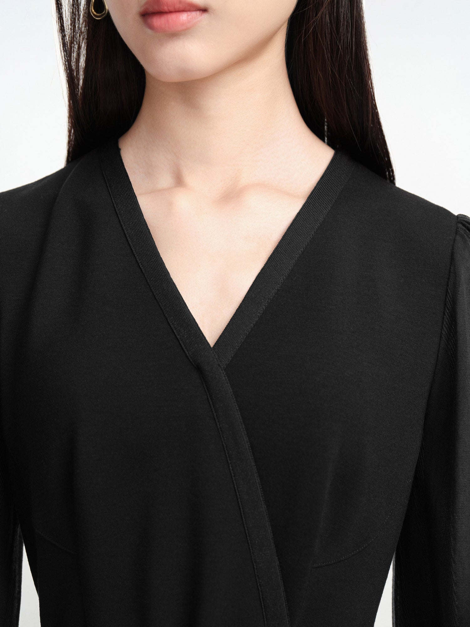 V-Neck Sheer Textured Sleeve Midi Dress | Black