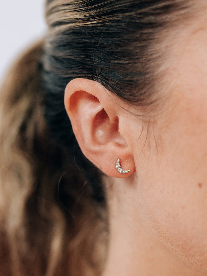 Aztec Moon Crescent & Starburst Mix Studs | White Sapphire/Clear Topaz | 925 Rhodium Plated Sterling Silver