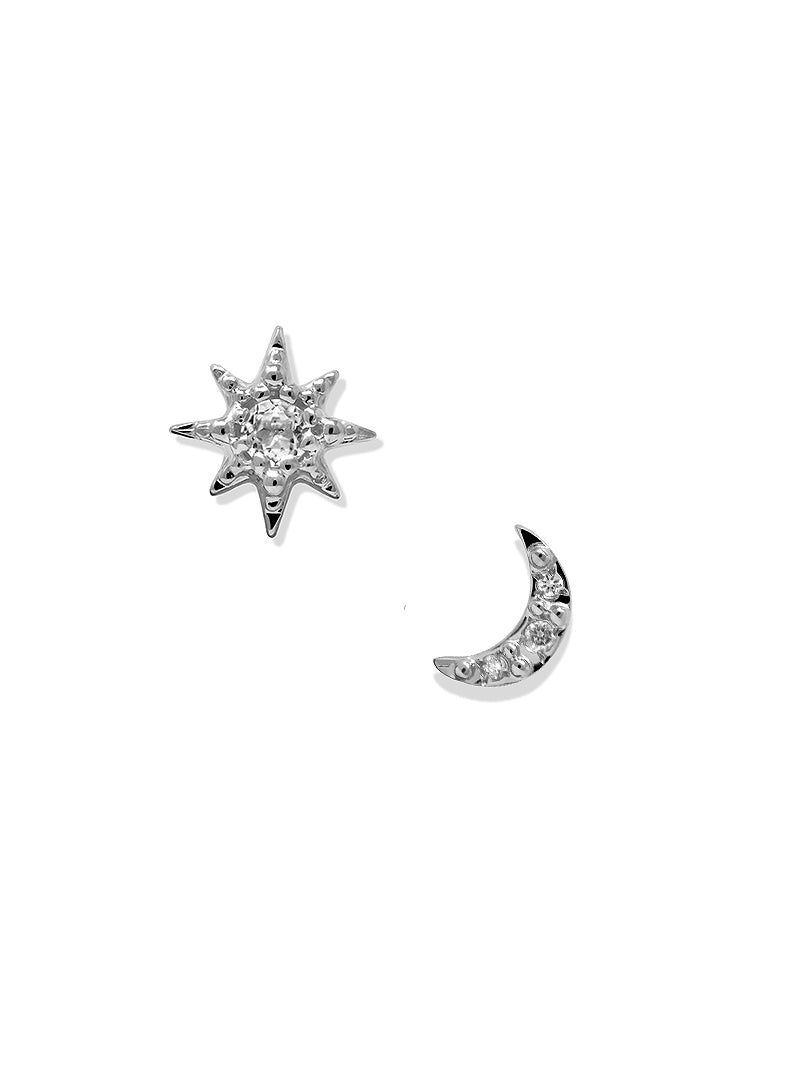 Aztec Moon Crescent & Starburst Mix Studs | White Sapphire/Clear Topaz | 925 Rhodium Plated Sterling Silver