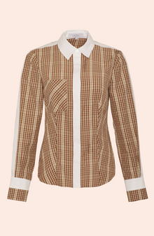 Plaid Cotton Contrast Detail Shirt | Camel Multi