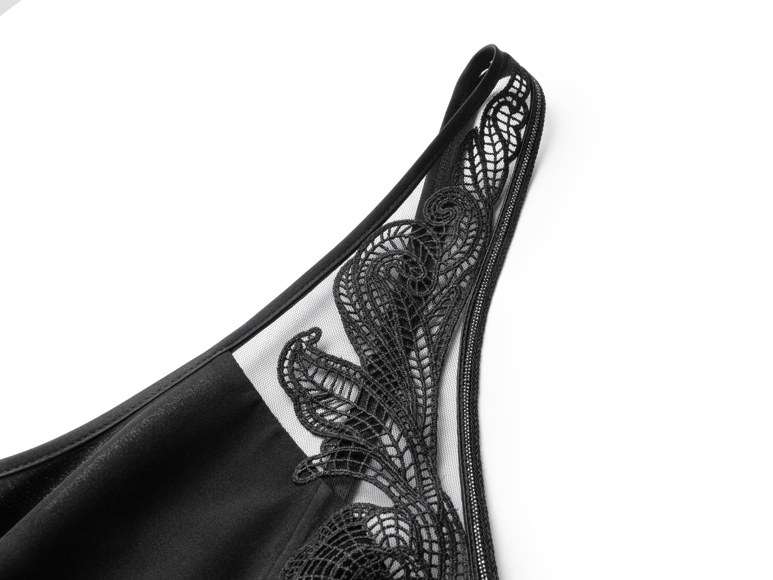 Silk V-Neck Embroidered Sleeveless Waist-Defining Dress | Black