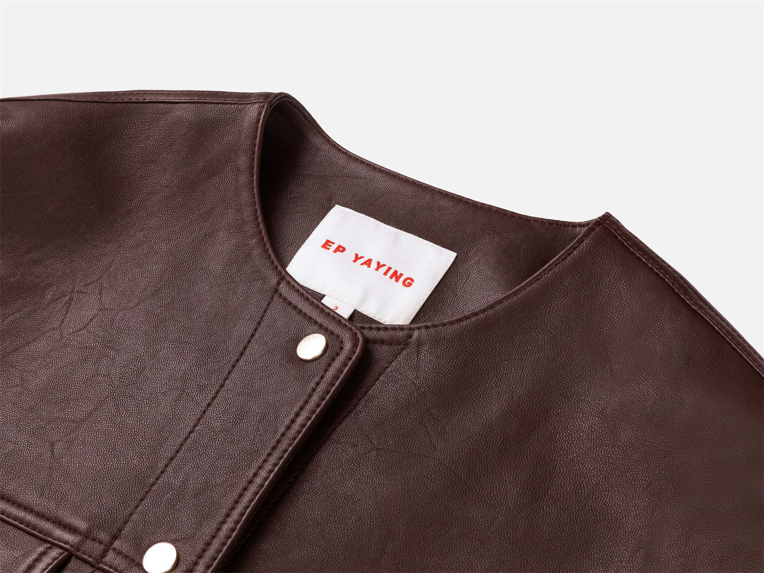 Leather Round Neck Leather Jacket | Brown