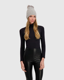 Knit Beanie Hat With Fur-Free Fox (Faux Fur) Pompom | Gray/Gray