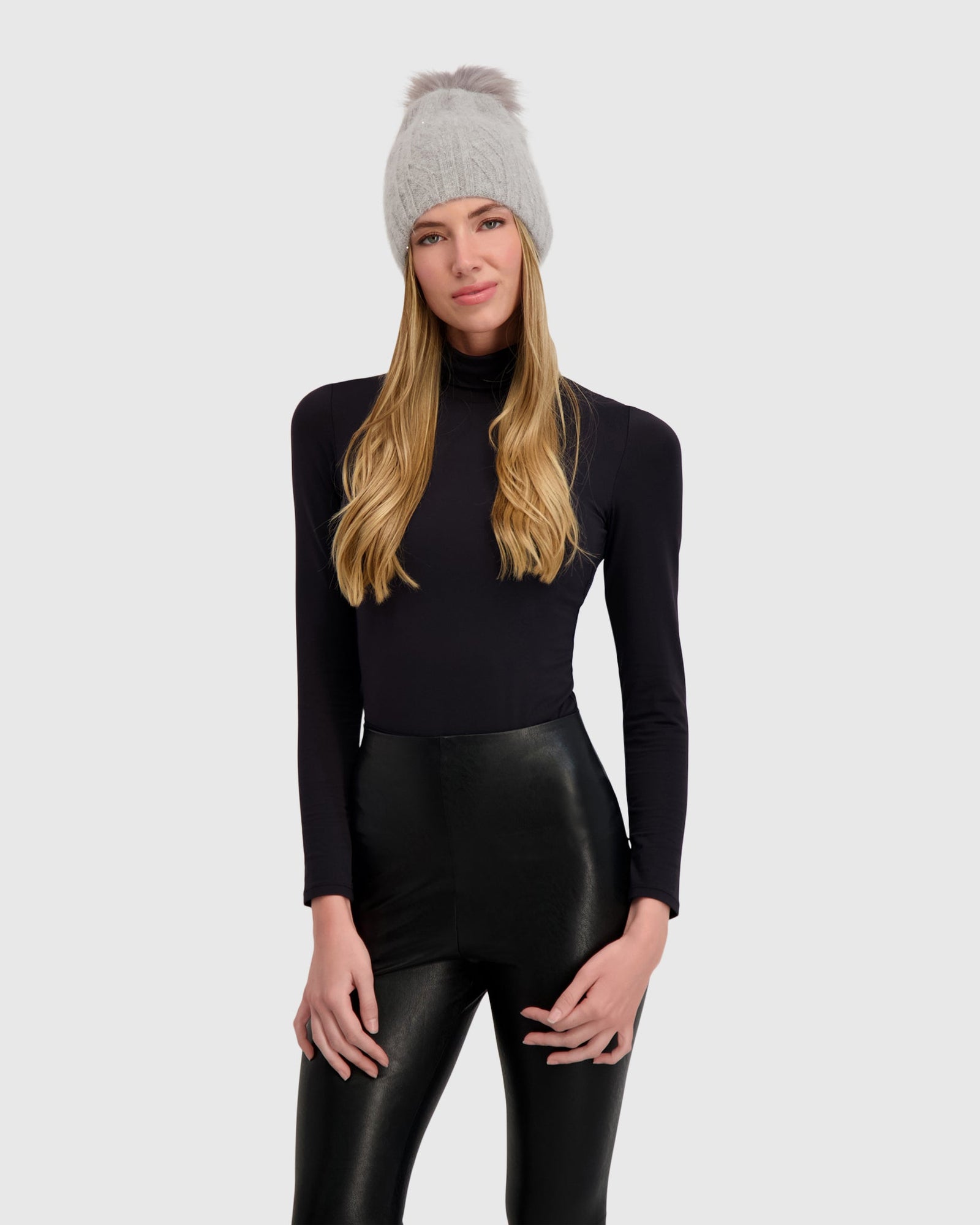 Knit Beanie Hat With Fur-Free Fox (Faux Fur) Pompom | Gray/Gray