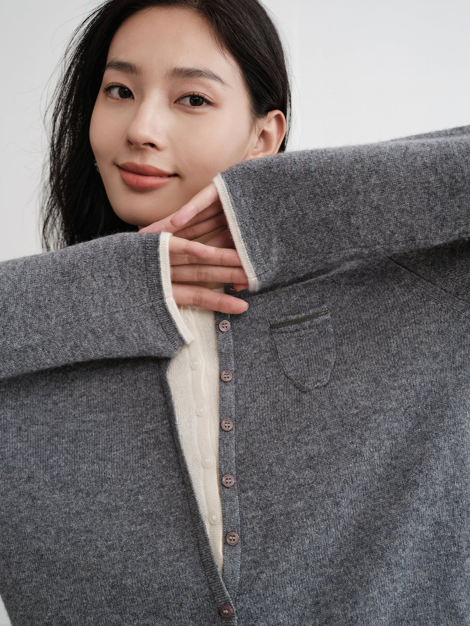 Layered Collar Soft Wool Cashmere Old Money Style Sweater | Grey