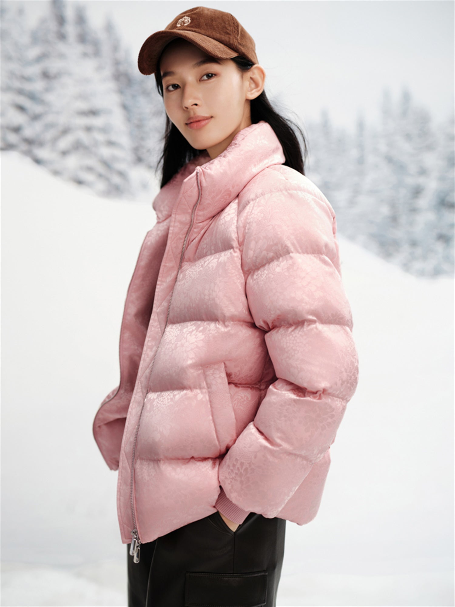 Silk Jacquard Down Coat | Pink