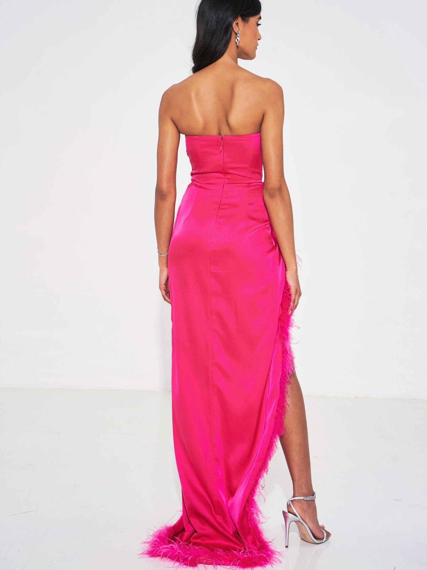 Perrin Fuchsia Feather Dress High Slit Gown | Pink