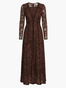 Victorian Corded Lace Deep V Button Maxi Dress | Brown