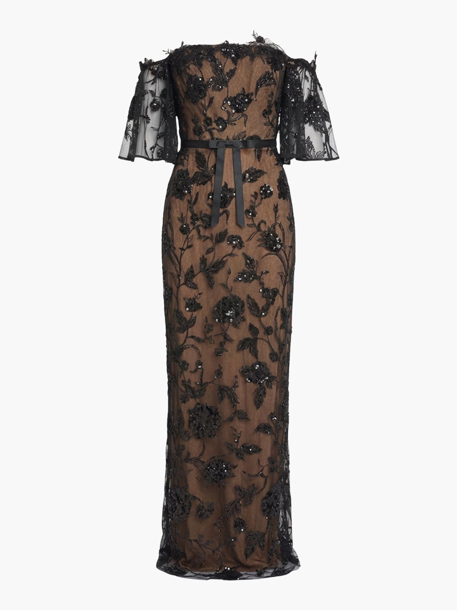 Illusion Murals Off The Shoulder Beaded Illusion Column Gown | Black