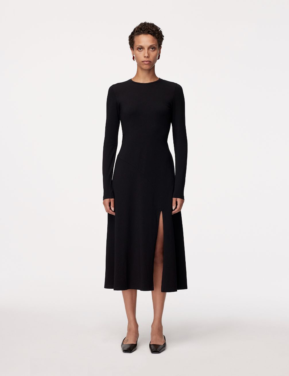 Another Tomorrow Long Sleeve Crewneck Tee Dress in Black – Cotton Women's Dress