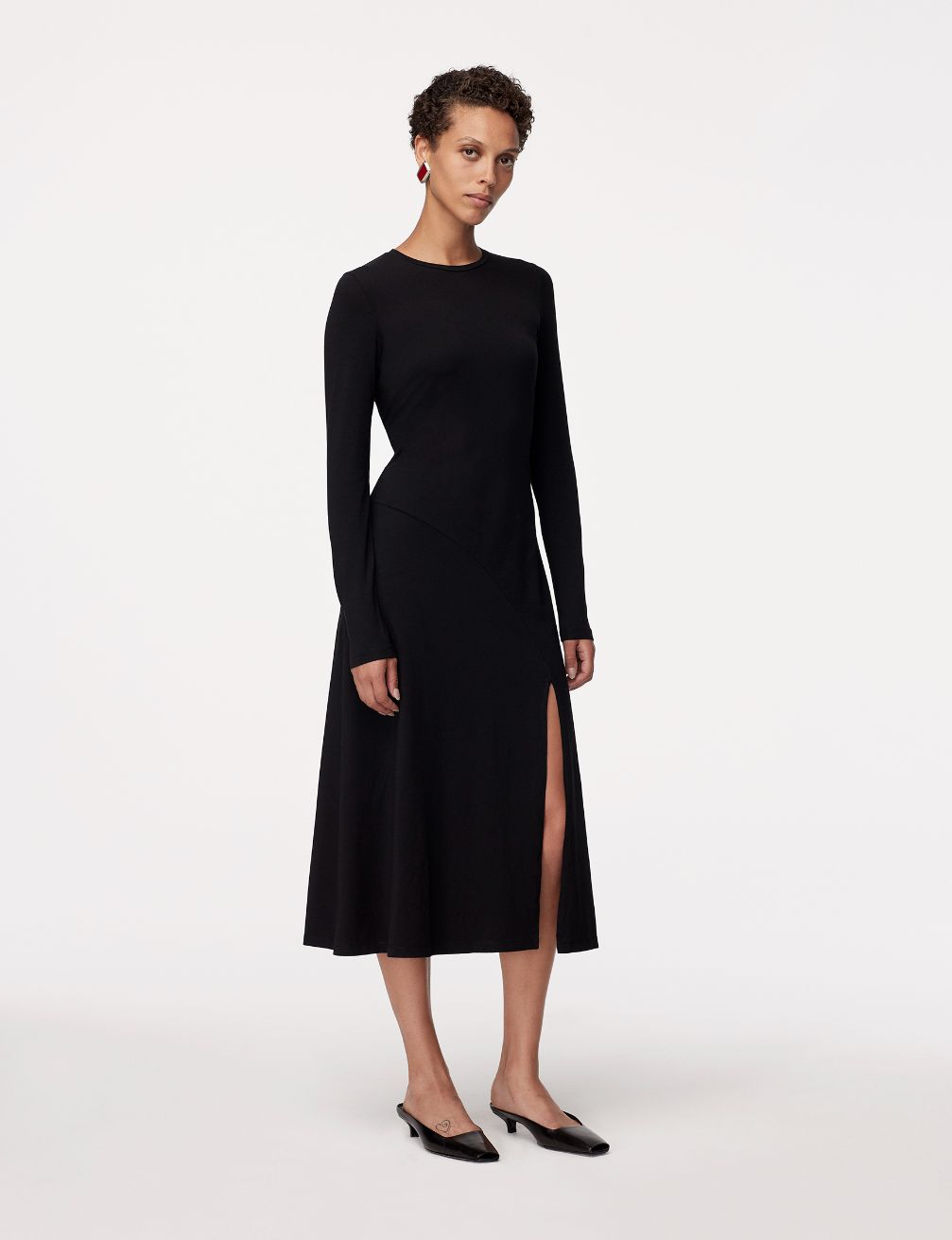 Another Tomorrow Long Sleeve Crewneck Tee Dress in Black – Cotton Women's Dress