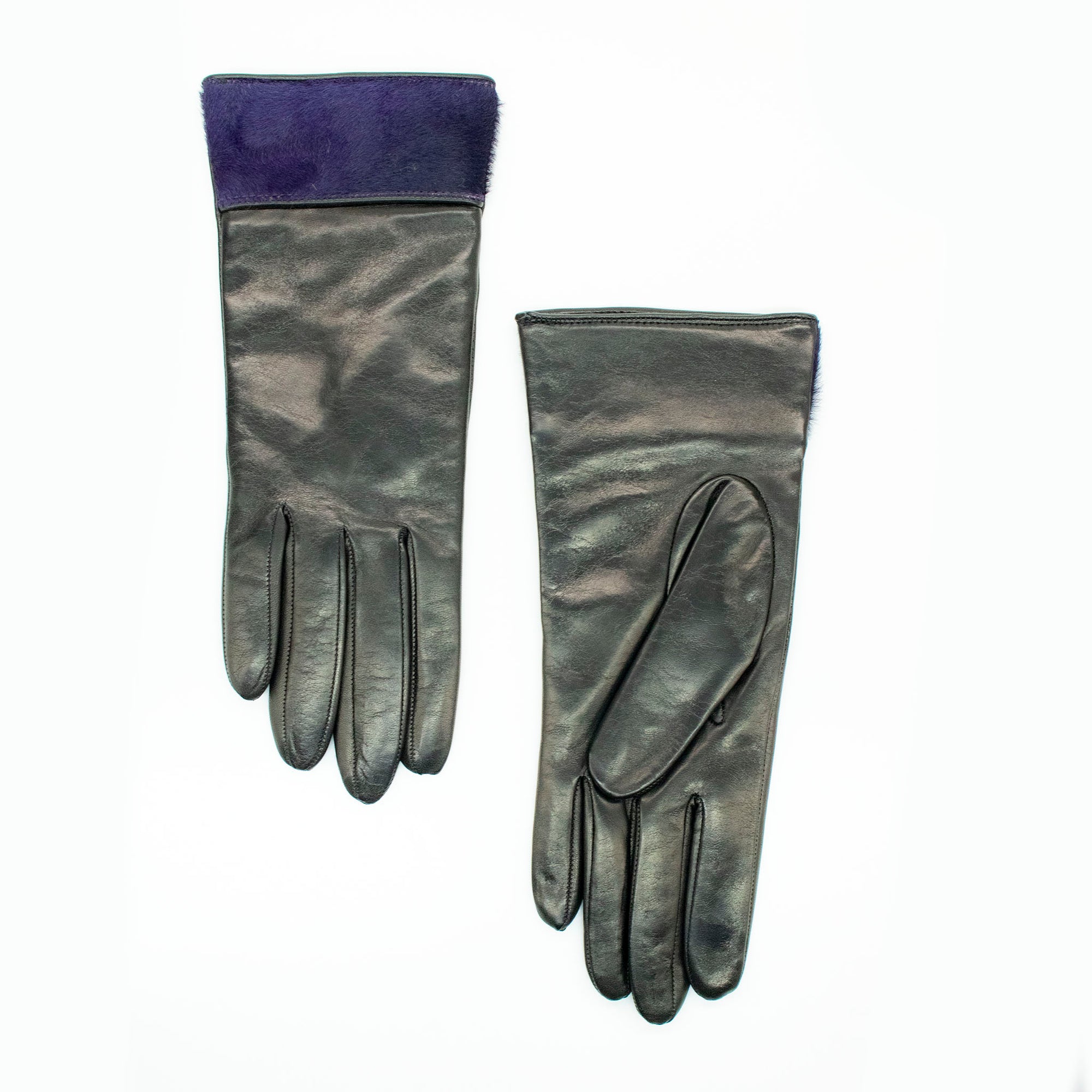 Womens | Leather Gloves with Haircalf On Cuff | Black/Purple