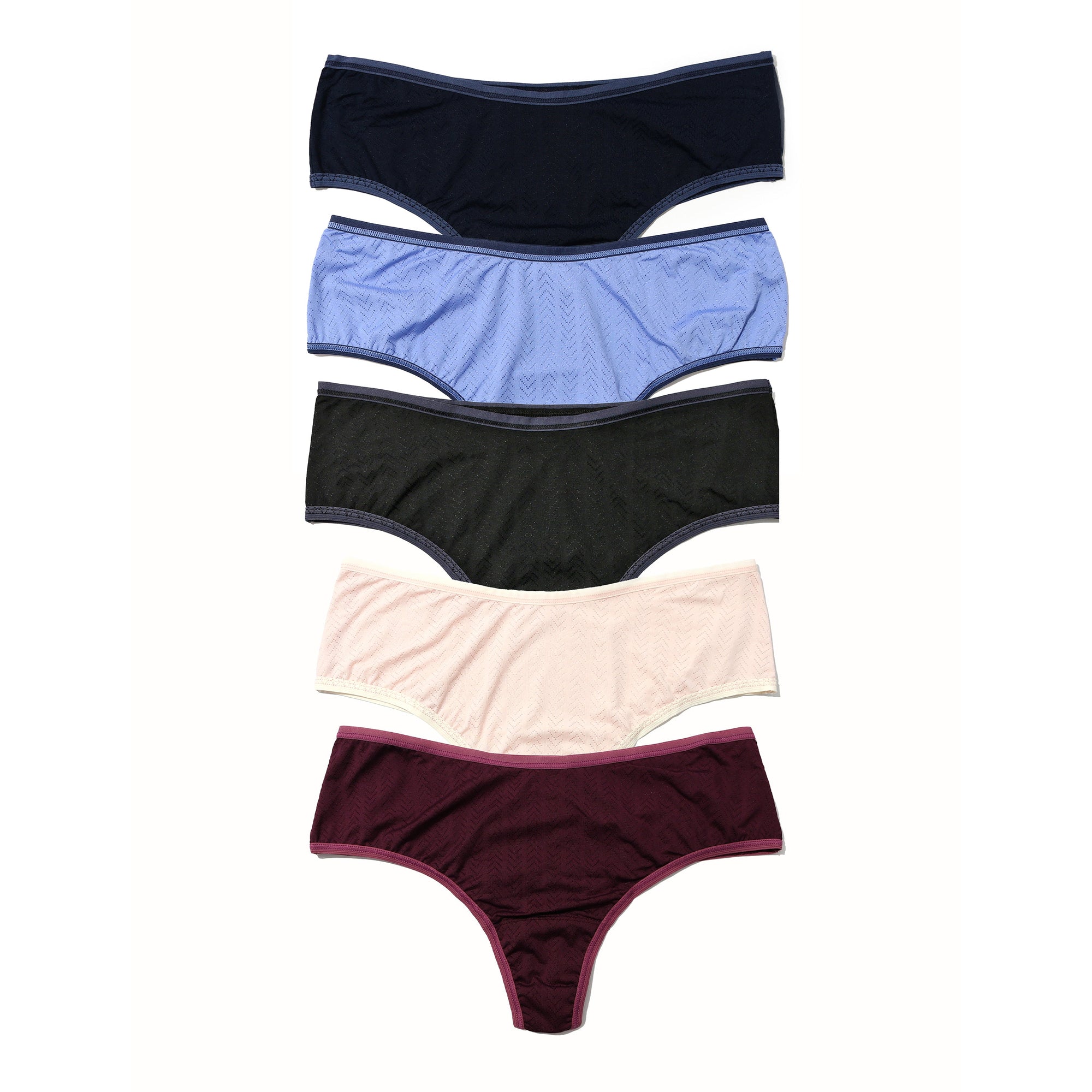 5-Pack MoveCalm Hi-Rise Thong | Black/Granite - Cool Water/Bicostal - Pearl/Marshmallow - Blackberry Crumble/Waterfall Blue - Dried Cherry/Damson Plum