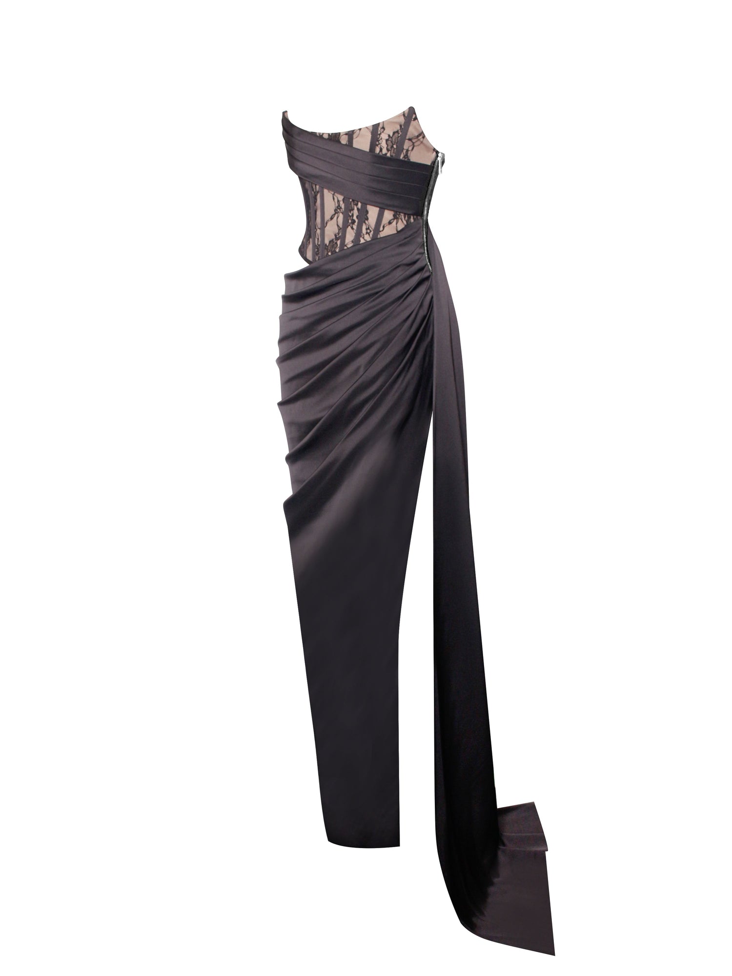 Callie Lace Satin Corset High Slit Gown | Black