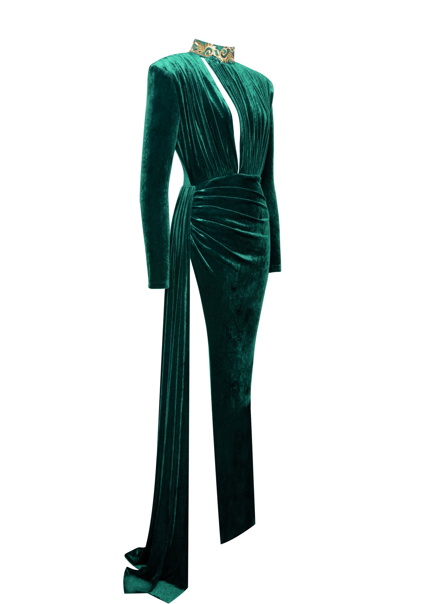 Zenaida Emerald Cutout High Slit Velvet Gown | Green