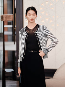 Classic Straight-Cut Mulberry Silk Knit Cardigan | White/Black
