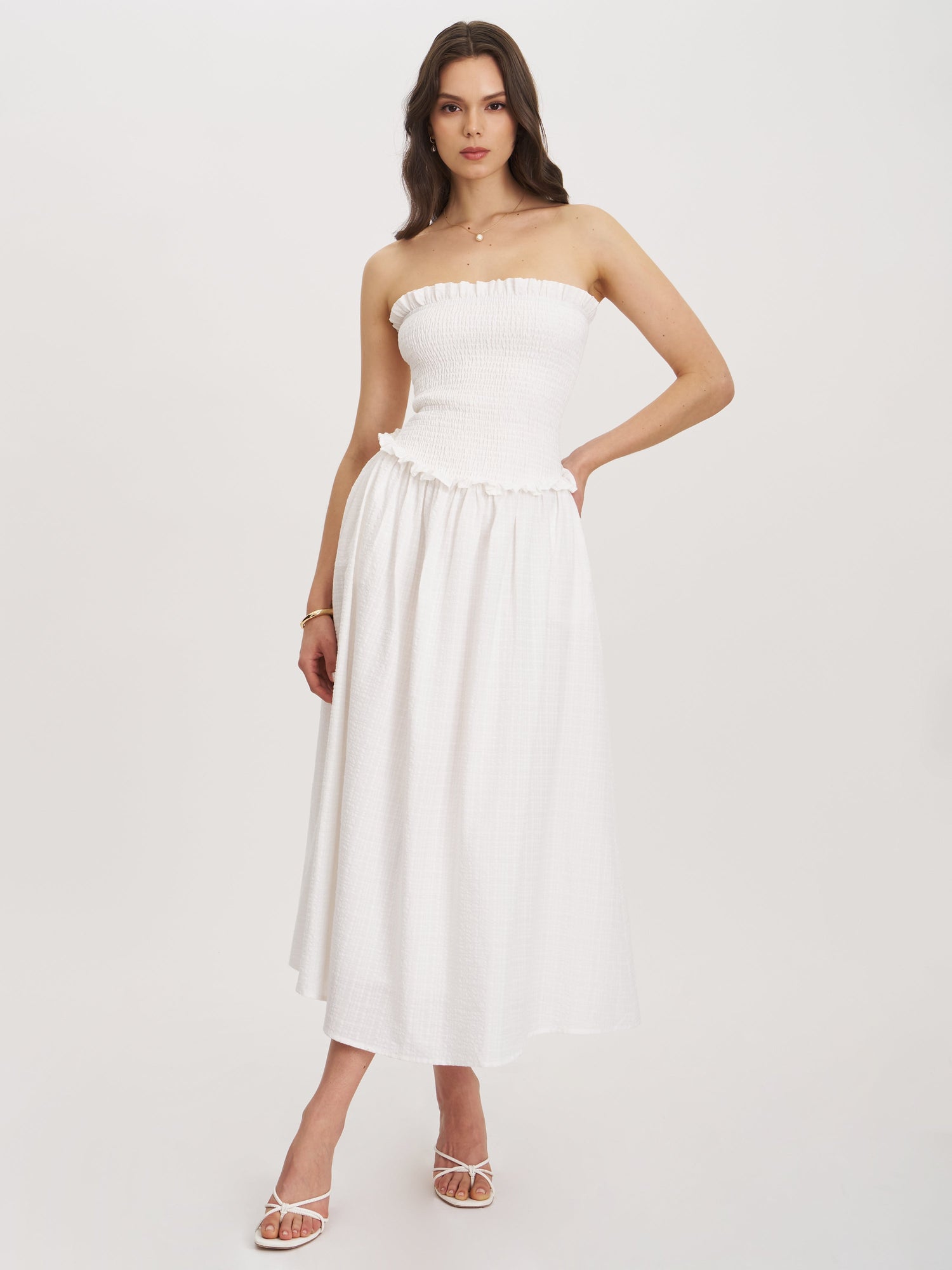 Quadiya Cotton Seersucker Smocked Strapless Midi Dress | White