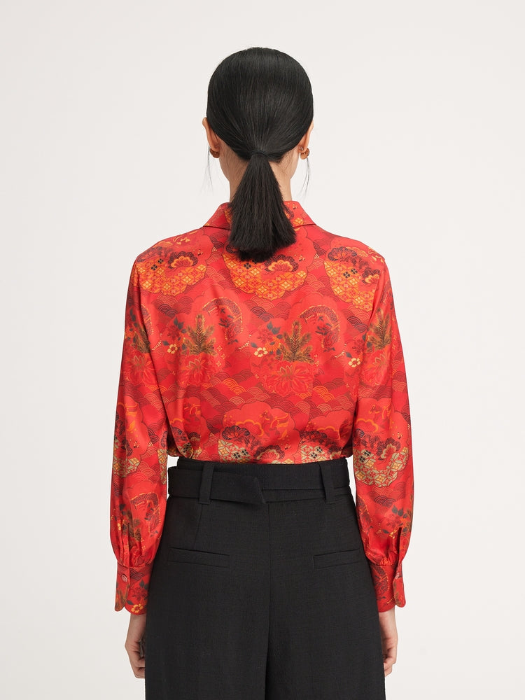 Chinese-style Printed Belted Blouse | Red