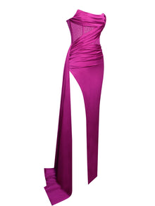 Holly Crystallized Corset High Slit Satin Gown | Fuchsia