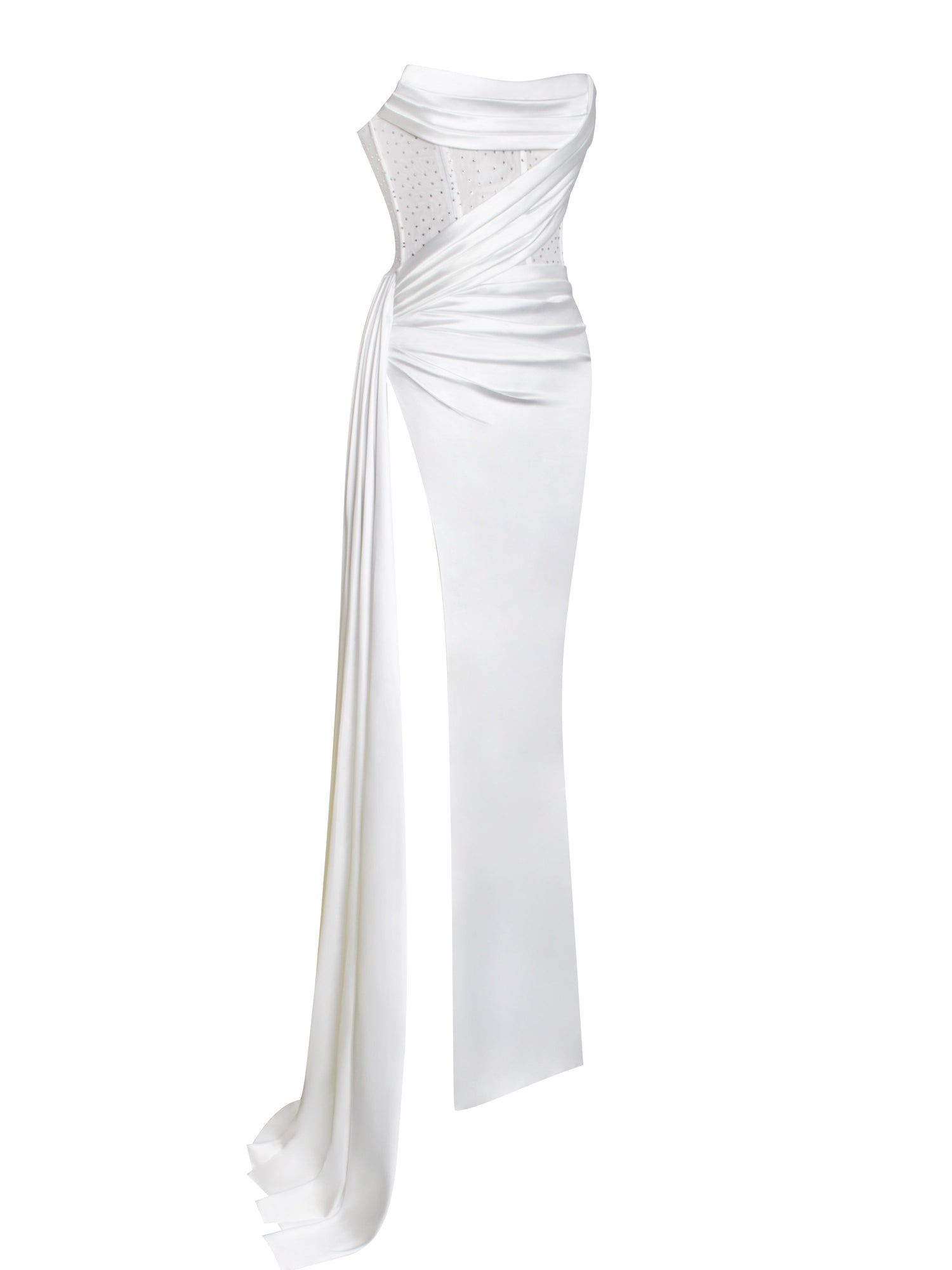 Holly Crystallized Corset High Slit Satin Gown | White