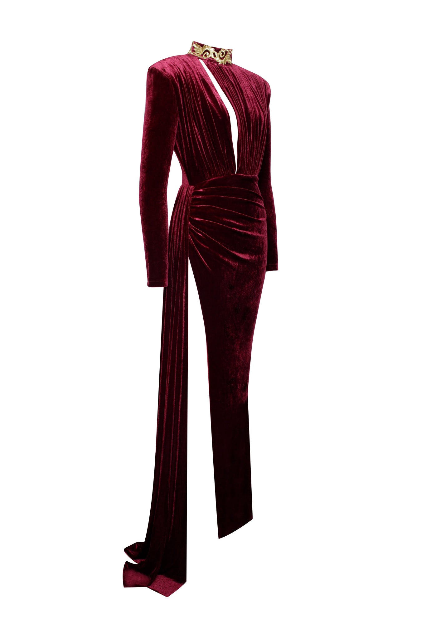 Zenaida Cutout High Slit Velvet Gown | Burgundy